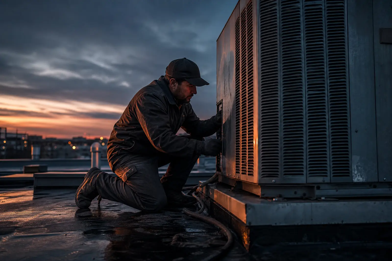 An HVAC technician servicing a rooftop condenser unit at dusk.