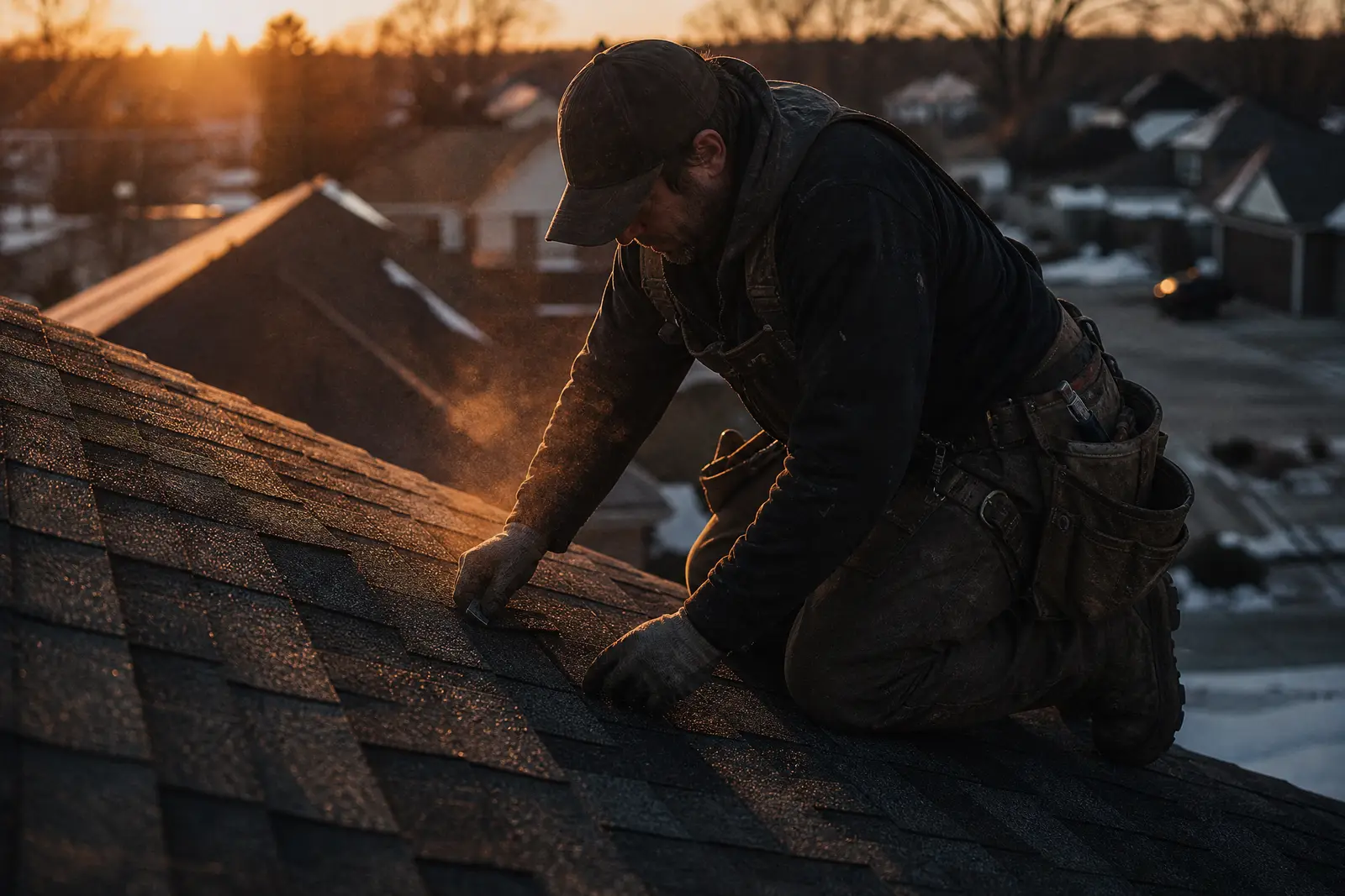 A roofer working asphalt shingles on a steep roof at golden hour.